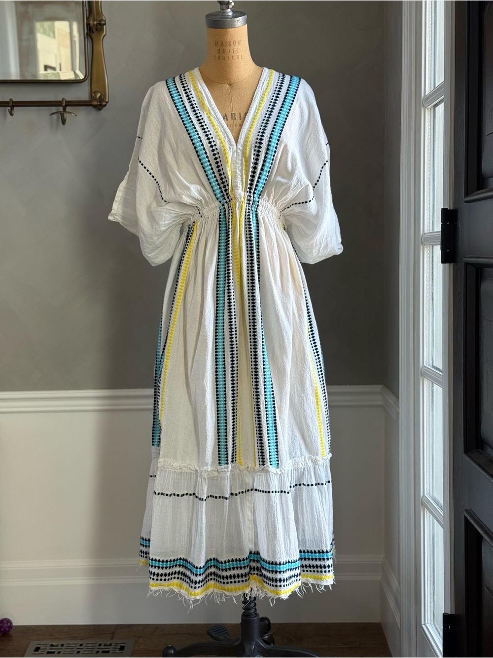 Lemlem White Maxi Dress with Blue & Yellow Embroidery